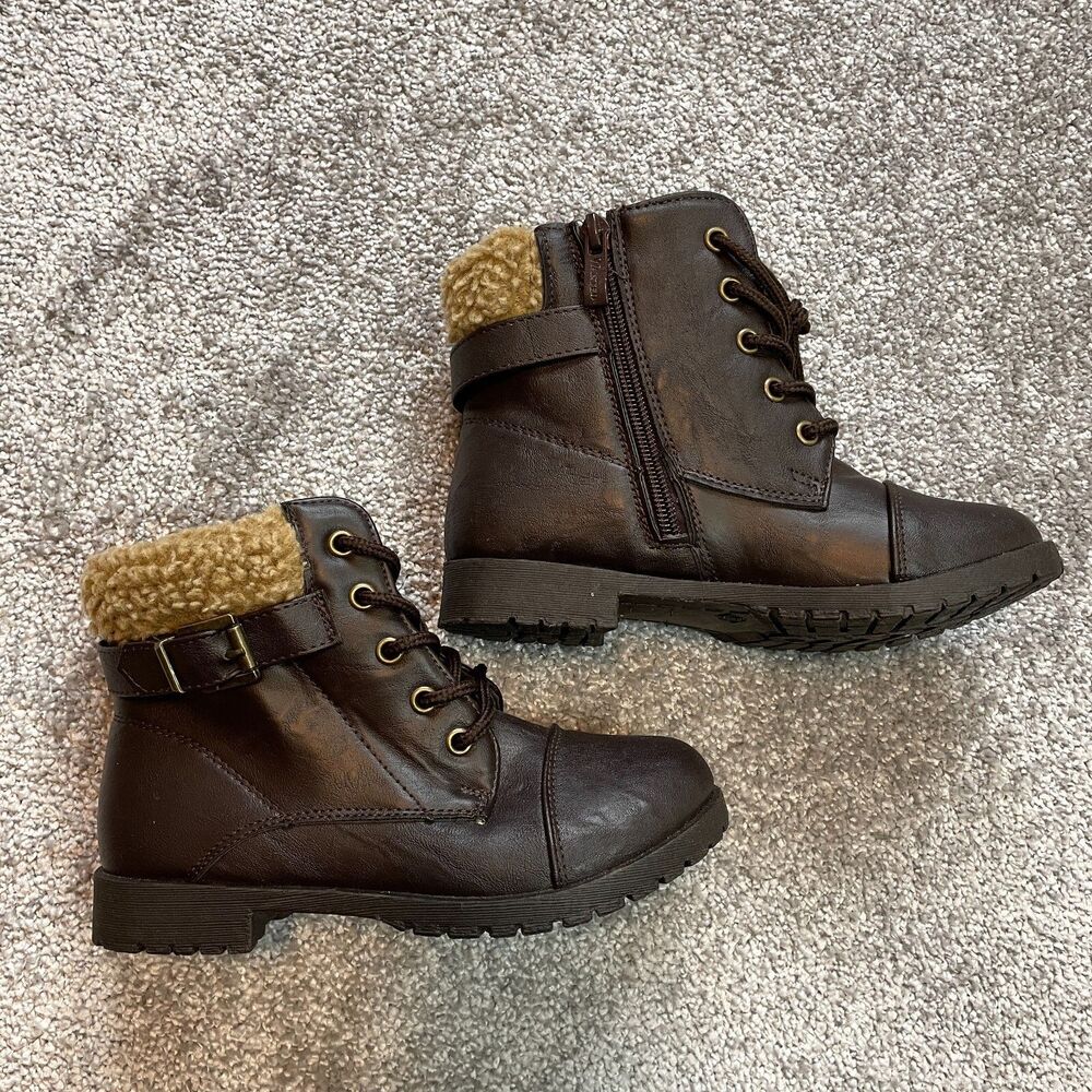 Wanted Girls Size 1 Boots Dark Brown Lace-up with Side Zipper Betsy Ankle Sherpa